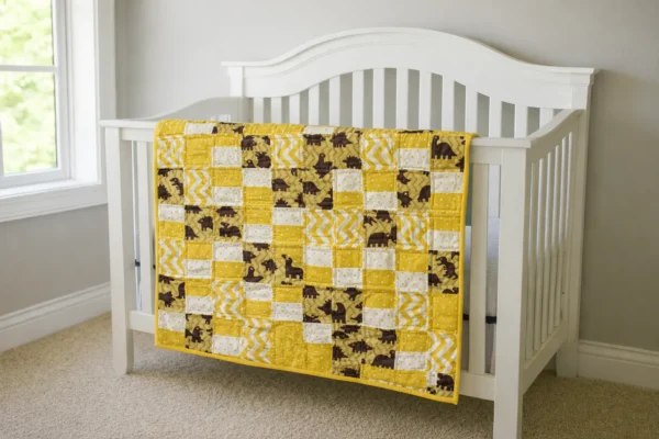 golden dinosaurs baby quilt on crib