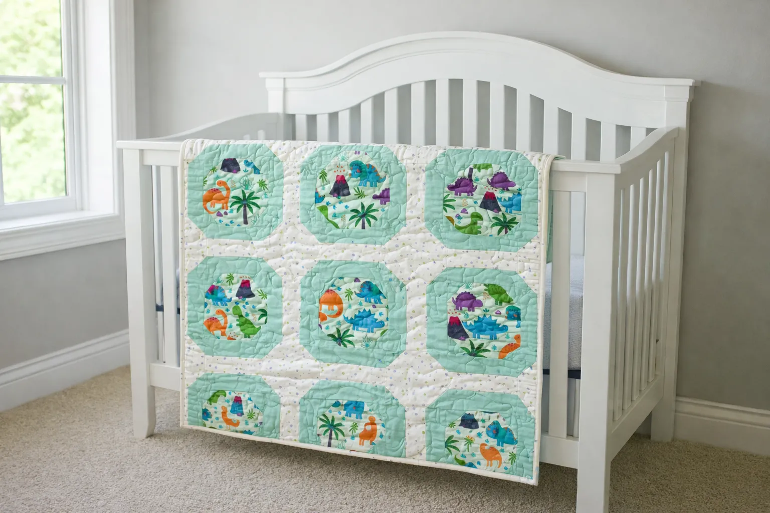 dinosaur world baby quilt on crib