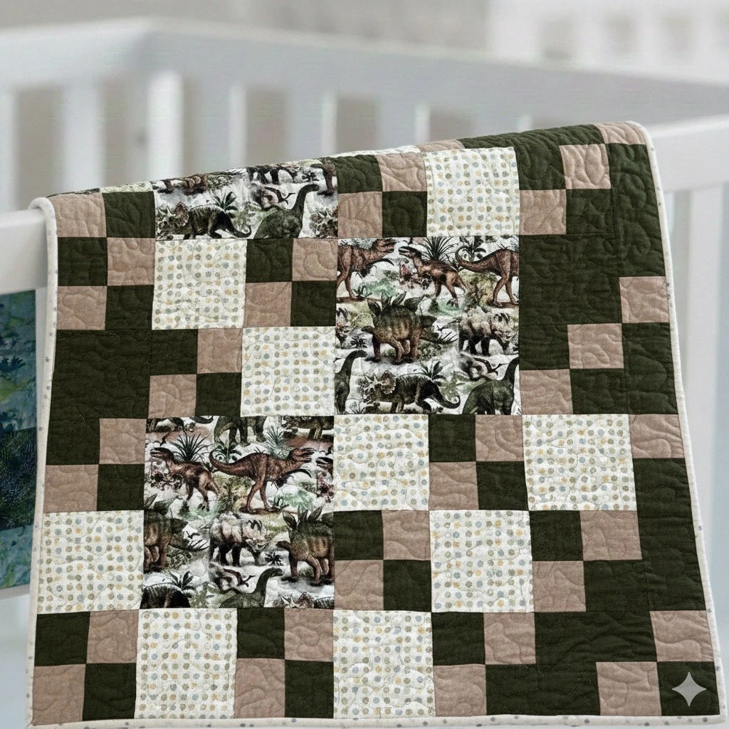 World of Dinosaurs Baby Quilt on white crib