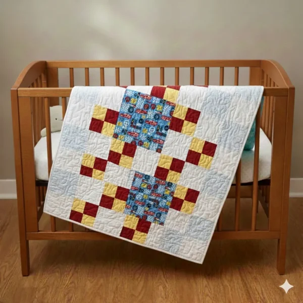 grand prix baby quilt on brown crib
