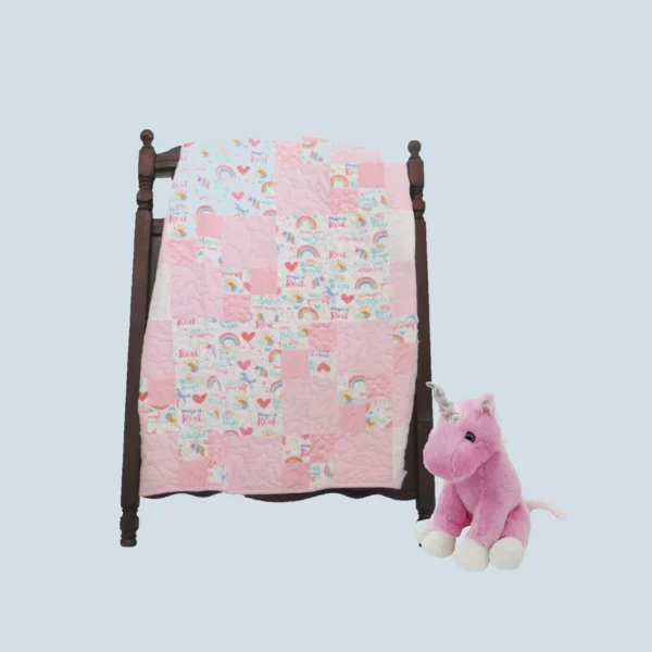 pink unicorns and rainbows baby quilt