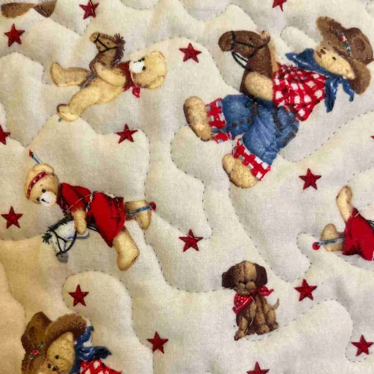 Cowboy Bear Baby Quilt closeip of bear on hobby horse