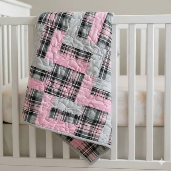 pink plaid baby quilt on crib