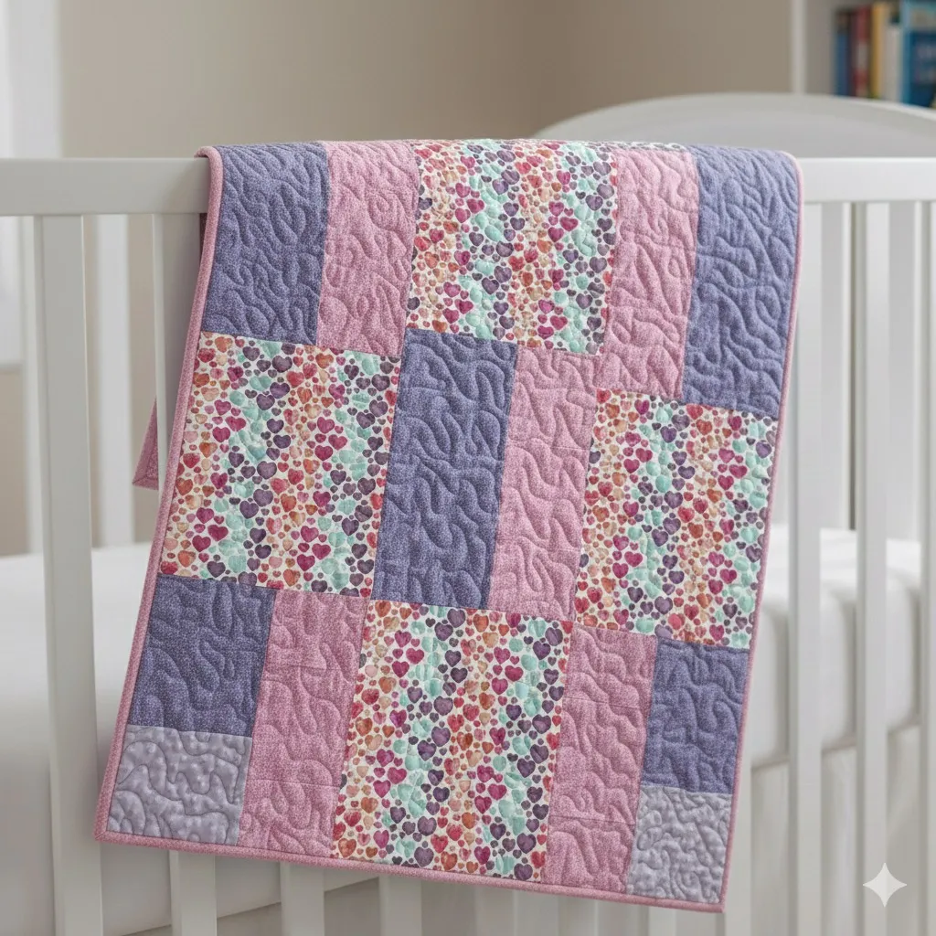 Hearts and Dots baby quilt on white crib