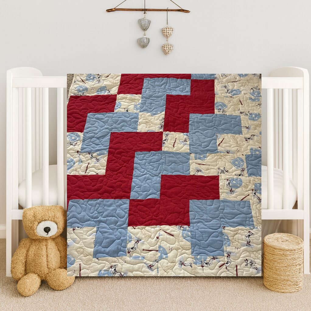 Baseball Days Baby Quilt on white crib iwth teddy bear