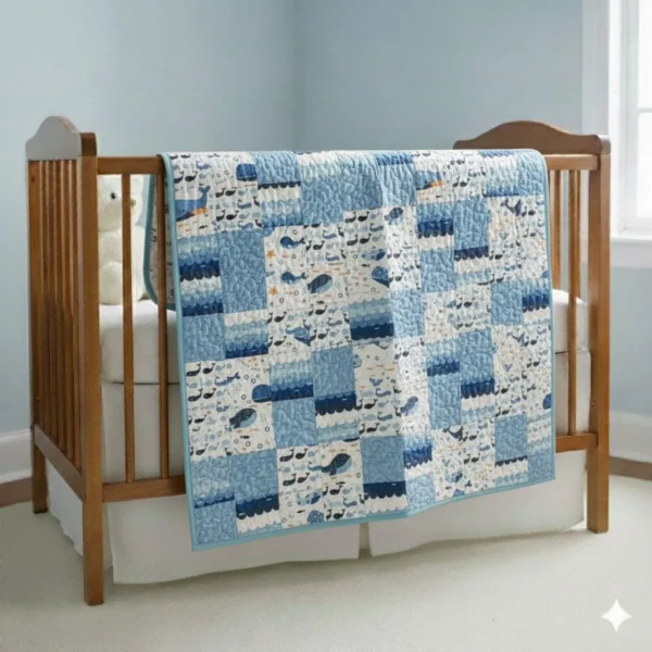 whale songs baby quilt on brown crib