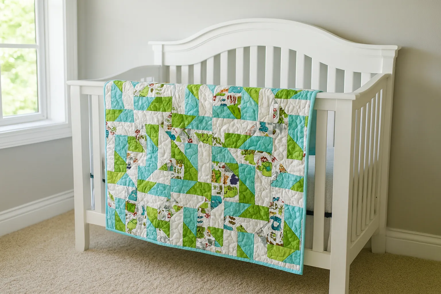 Prehistroic Dino Pals Quilt on white crib