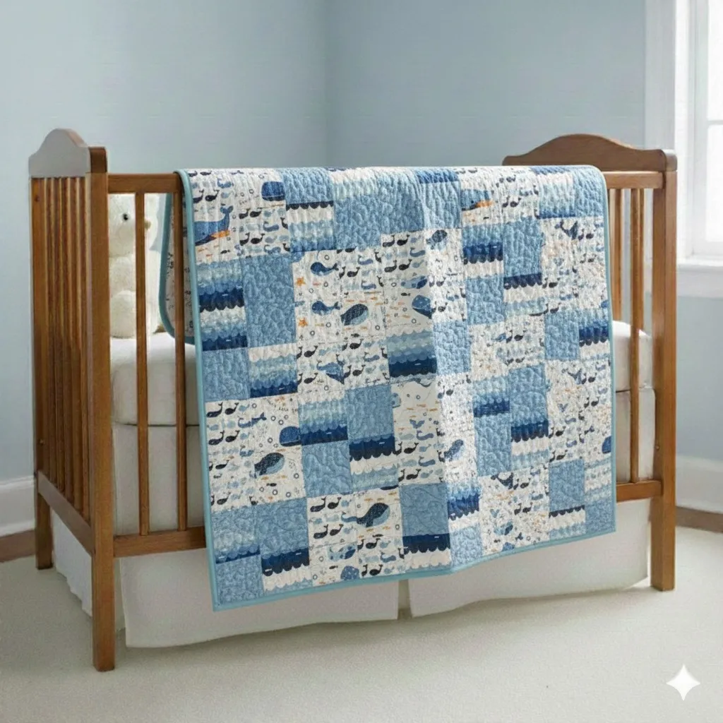 Whale Songs Baby Quilt on Brown crib