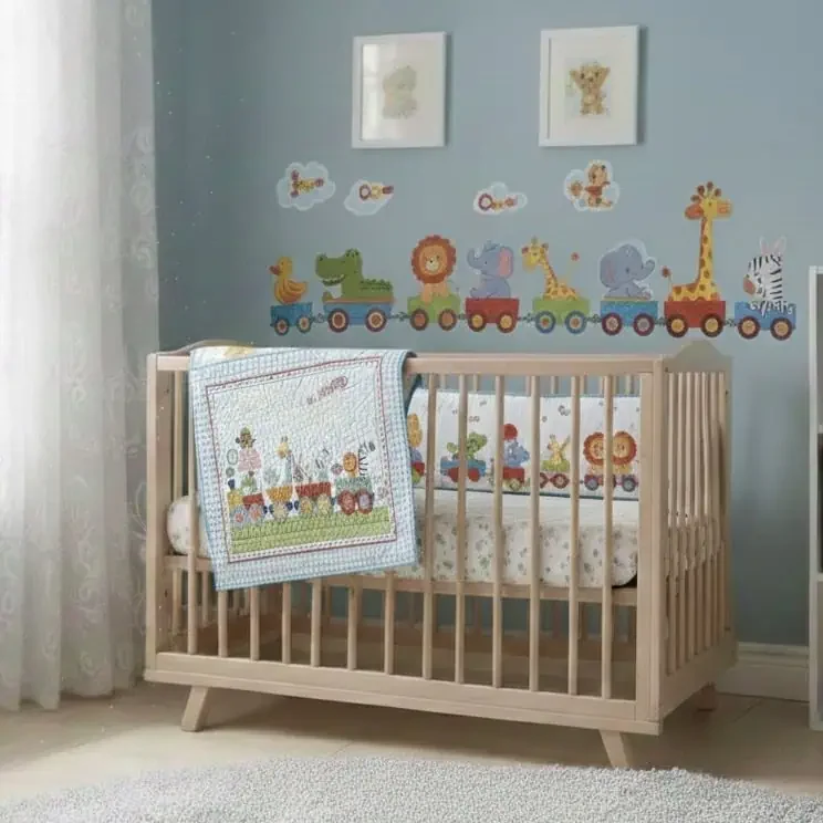 Animal Train Baby Quilt on crib
