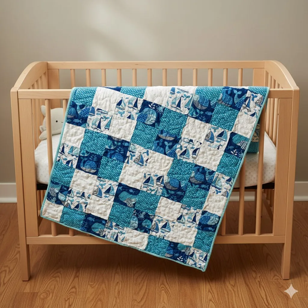 Blue Sailboats Baby Quilt on crib