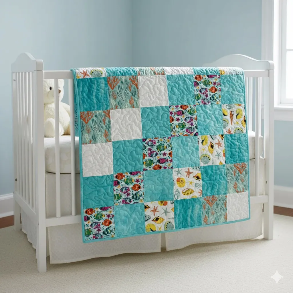 Fish Patchwork Baby Quilt on White Crib