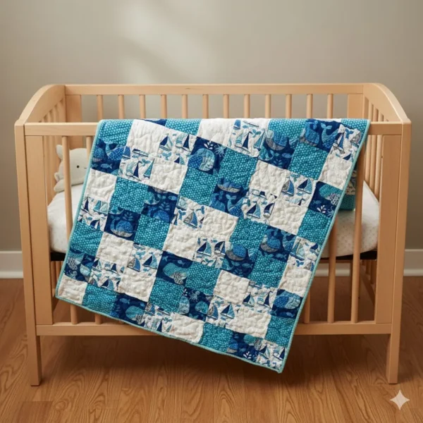 new blue sailboats on brown crib