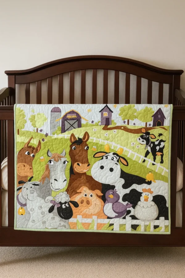 new barnyard buddies baby quilt on brown crib