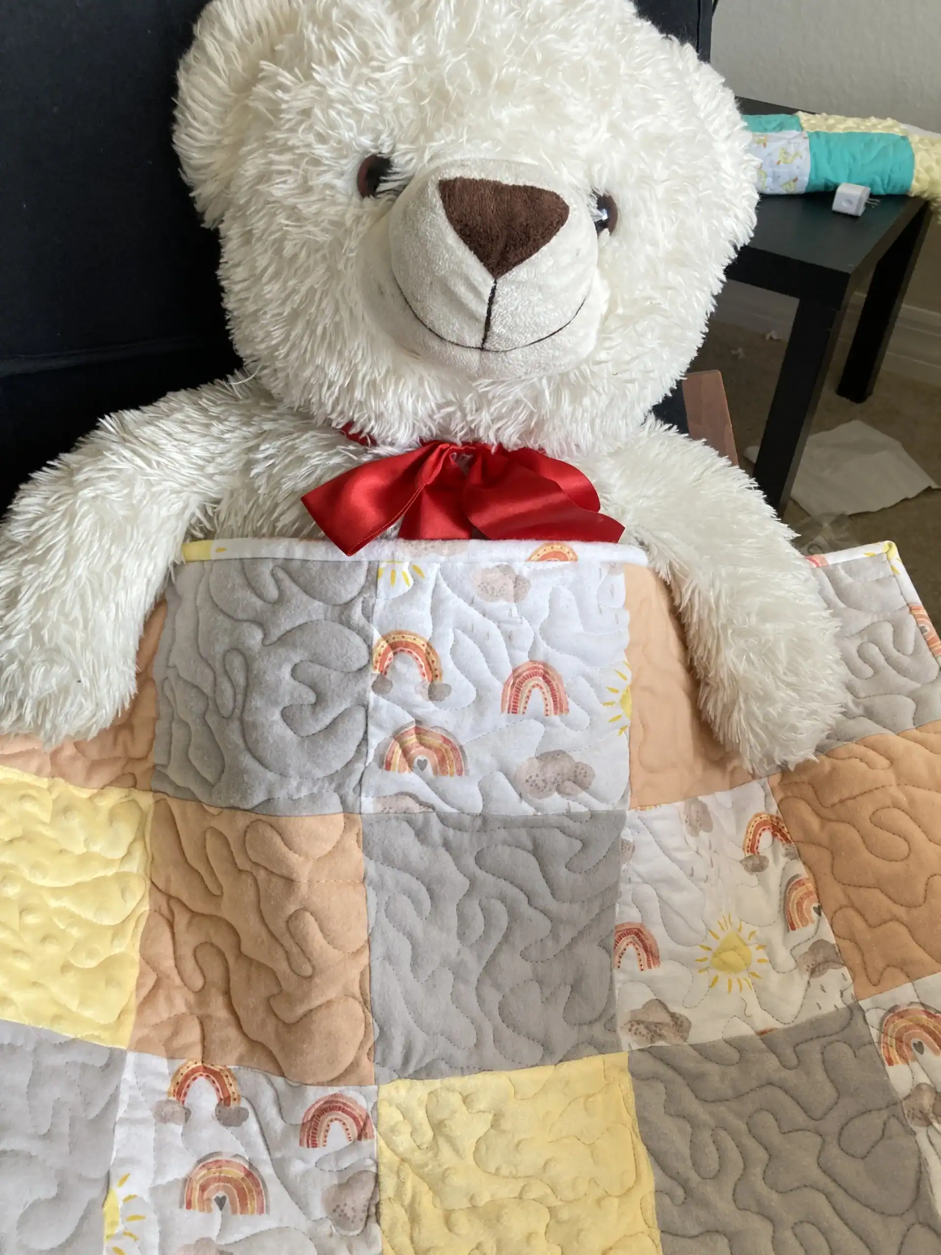 Sun & Rainbows Baby Quilt with bear