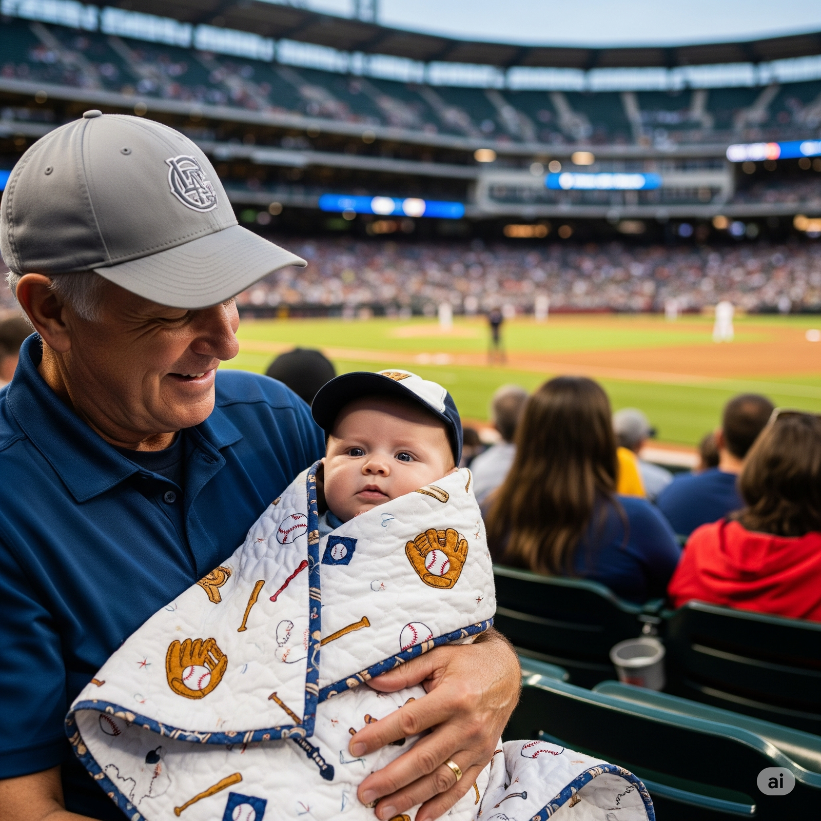 baby and grandpa at baseball game

