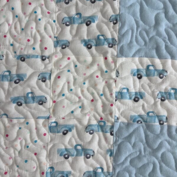blue trucks baby quilt detail 1