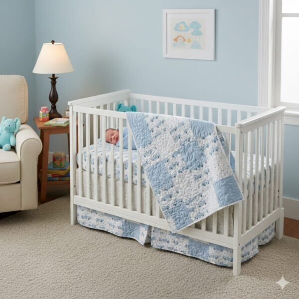 blue trucks baby quilt on crib