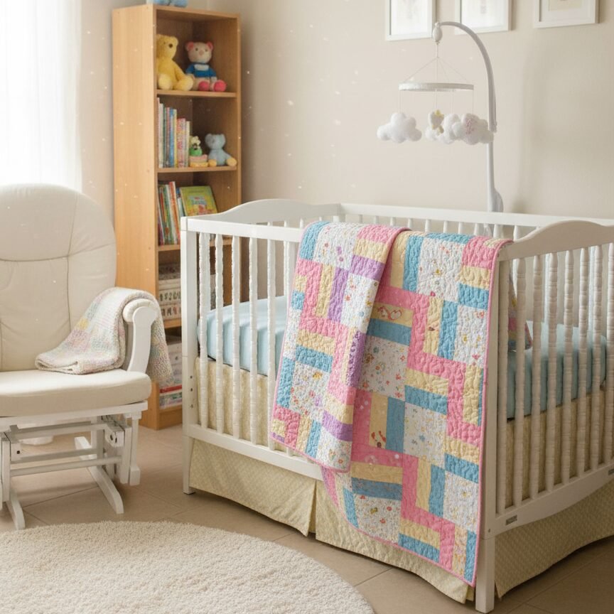 Sunshine and Snuggles Baby quilt on crib