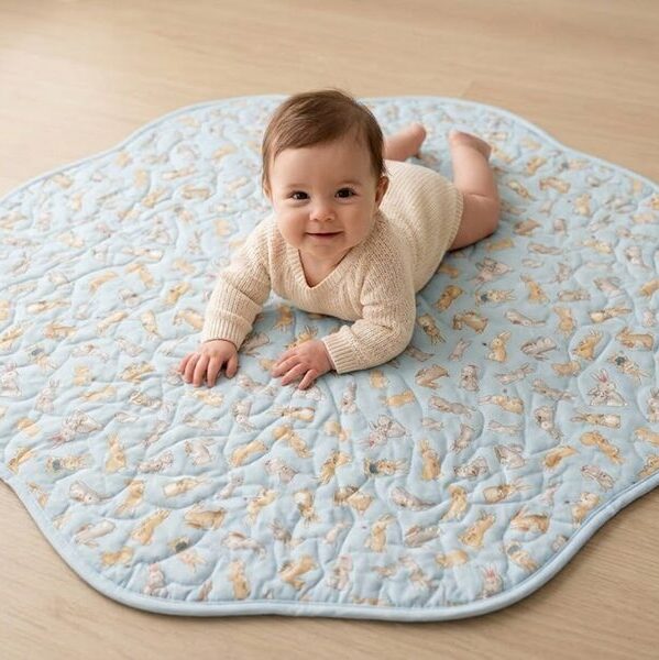 Bunny Garden Playmat with baby in yellow onesie