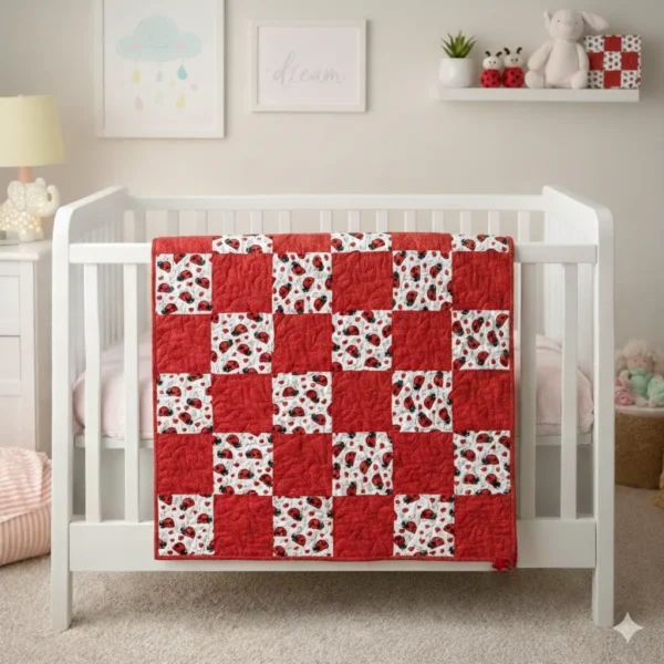 Ladybug Love baby quilt draped on crib