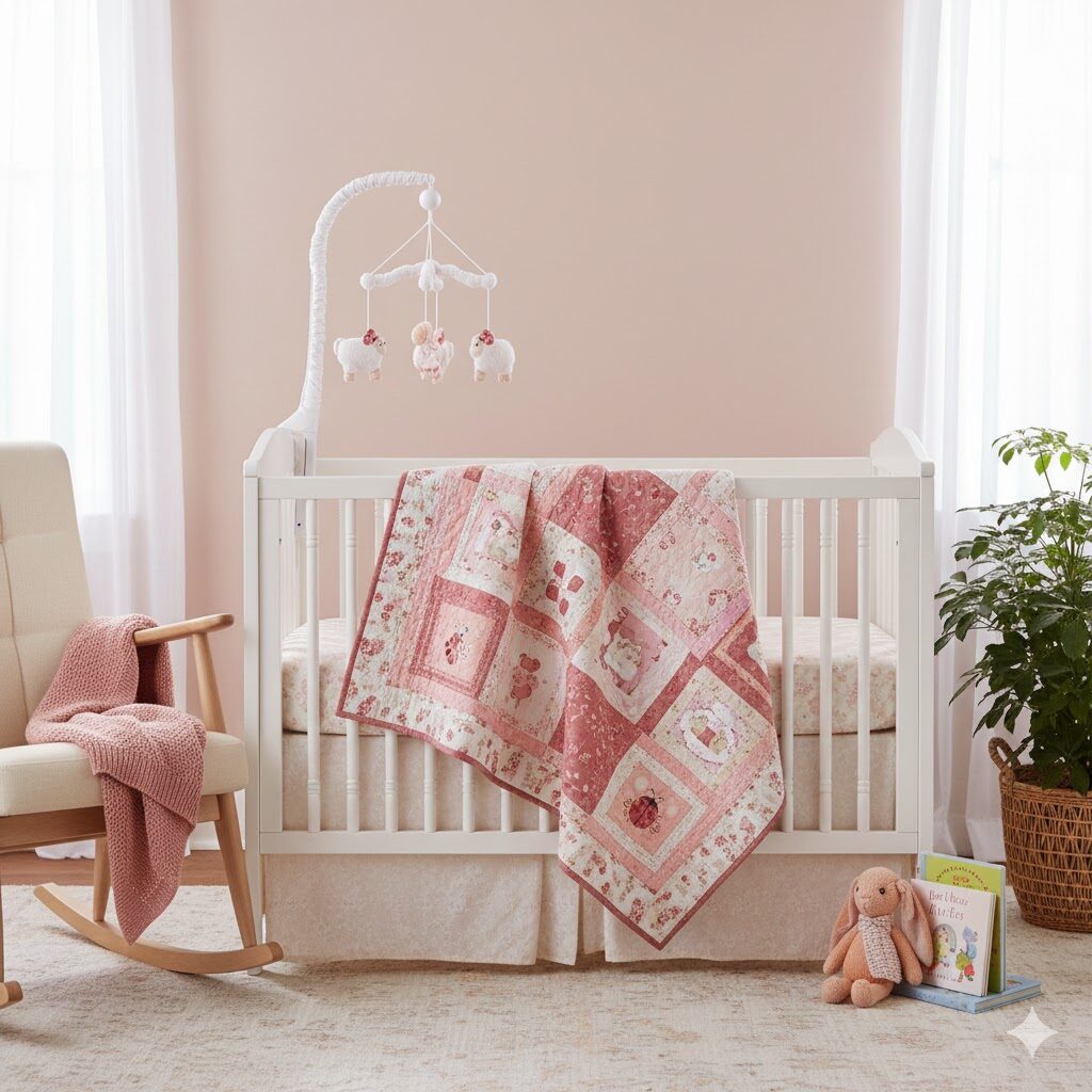 Nursery scene with pink baby quilt on white crib