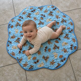 Blue Bears Baby Quilt with baby on playmat