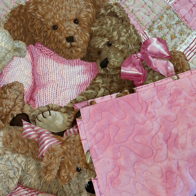 Pink Bears Baby Quilt with backing visible