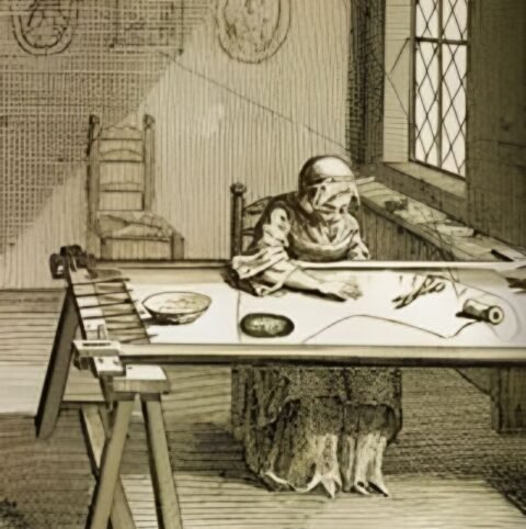 Colonial woman quilting