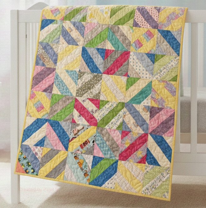 Color Splash Patchwork Baby Quilt on white crib