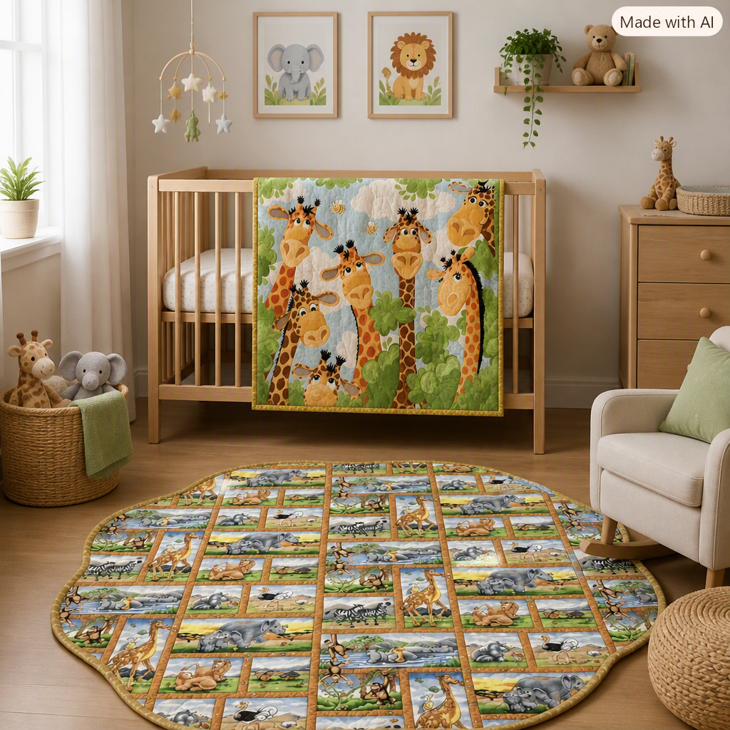 Giraffe buddies playmat and quilt bundle in nursery